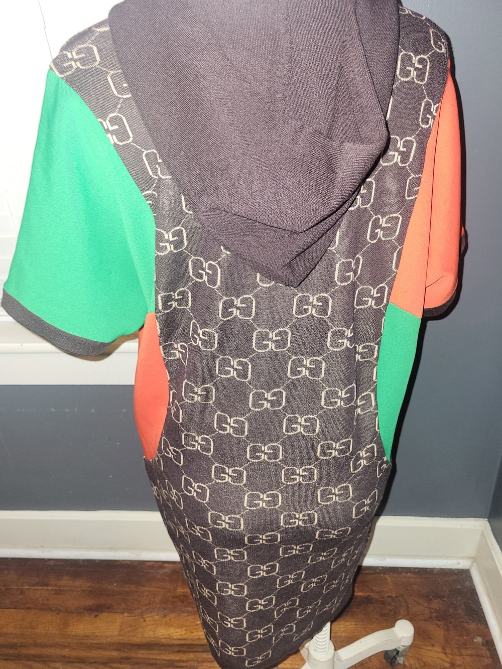 Black Monogram Hooded Midi Dress with Green and Orange Panels - Picture 2 of 3